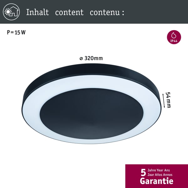 Paulmann LED taklampa Smart Home Zigbee 3.0 Circula Skymningssensor IP44 rund 320 mm Tunable Warm 14W 880lm 230V Antracit Plast