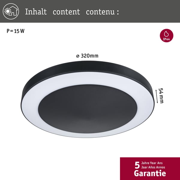 Paulmann LED taklampa Circula Skymningssensor Skymningsstyrd rörelsedetektor (IR) Havsvattentålig IP44 rund 320 mm 3000K 14W 880lm 230V Antracit Plast