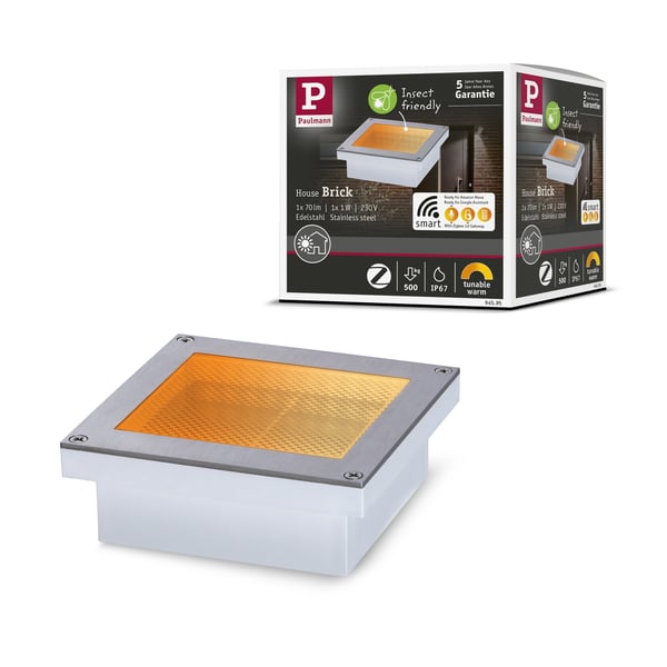 Paulmann LED infälld golvlampa Smart Home Zigbee 3.0 Brick Insektsvänlig IP67 vinkelformad 100x100 mm Tunable Warm 1W 18lm 230V Rostfritt stål Rostfritt stål