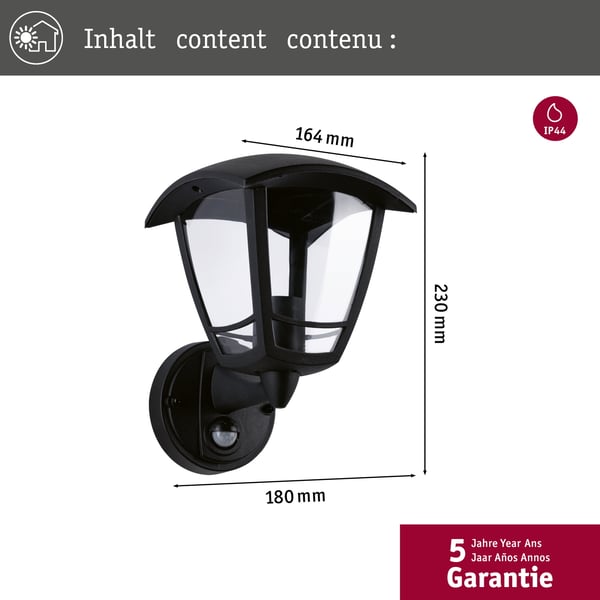 Paulmann Vägglampa för utomhusbruk Classic curved Skymningsstyrd rörelsedetektor (IR) IP44 vinkelformad 164x230 mm max. 12W 230V Svart Plast