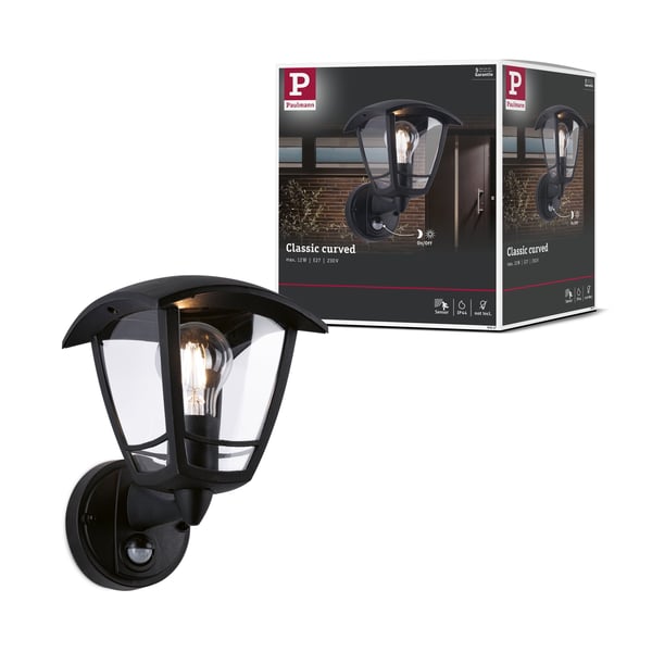 Paulmann Vägglampa för utomhusbruk Classic curved Skymningsstyrd rörelsedetektor (IR) IP44 vinkelformad 164x230 mm max. 12W 230V Svart Plast