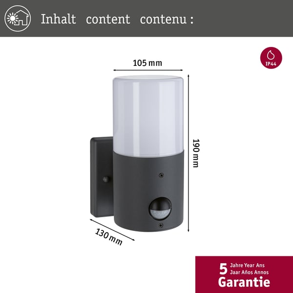 Paulmann Vägglampa för utomhusbruk Tubs Skymningsstyrd rörelsedetektor (IR) IP44 rund 105x175 mm max. 15W 230V Grå matt Metall, Plast