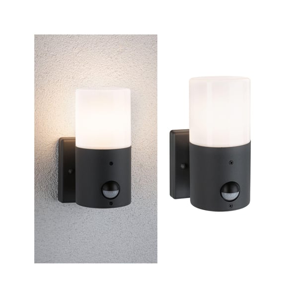 Paulmann Vägglampa för utomhusbruk Tubs Skymningsstyrd rörelsedetektor (IR) IP44 rund 105x175 mm max. 15W 230V Grå matt Metall, Plast