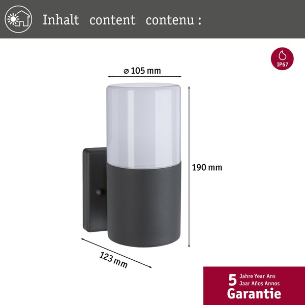 Paulmann Vägglampa för utomhusbruk Tubs IP44 rund 105x175 mm max. 15W 230V Grå matt Metall, Plast