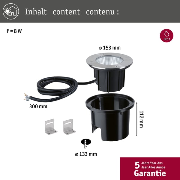 Paulmann LED infälld golvlampa Durea IP67 rund 153 mm 3000K 8W 530lm 230V Rostfritt stål Metall