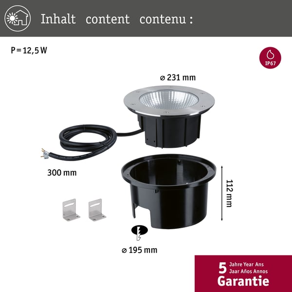 Paulmann LED infälld golvlampa Durea IP67 rund 213 mm 3000K 12,5W 870lm 230V Rostfritt stål Metall