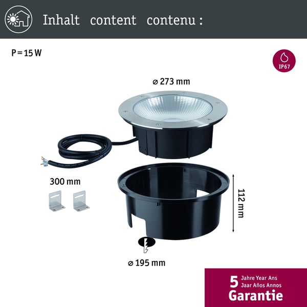 Paulmann LED infälld golvlampa Durea IP67 rund 273 mm 3000K 15W 1040lm 230V Rostfritt stål Metall