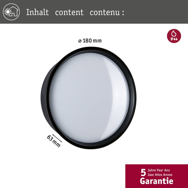 Paulmann LED vägglampa för utomhusbruk Platomo IP44 rund 180 mm 3000K 14,5W 1200lm 230V Svart Plast