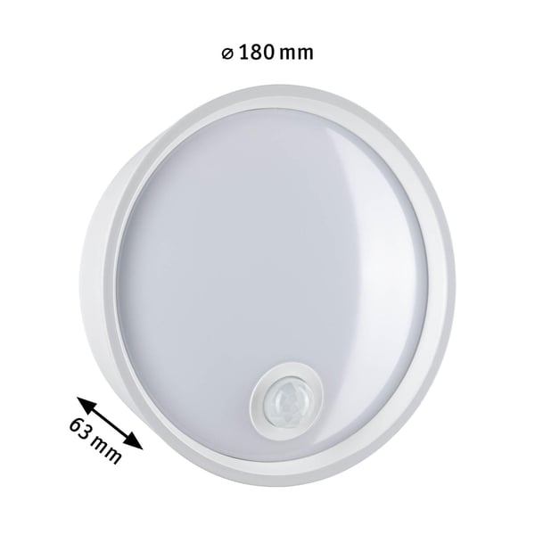 Paulmann LED vägglampa för utomhusbruk Platomo Skymningsstyrd rörelsedetektor (IR) Havsvattentålig IP44 rund 180 mm 3000K 14,5W 1200lm 230V Vit Plast
