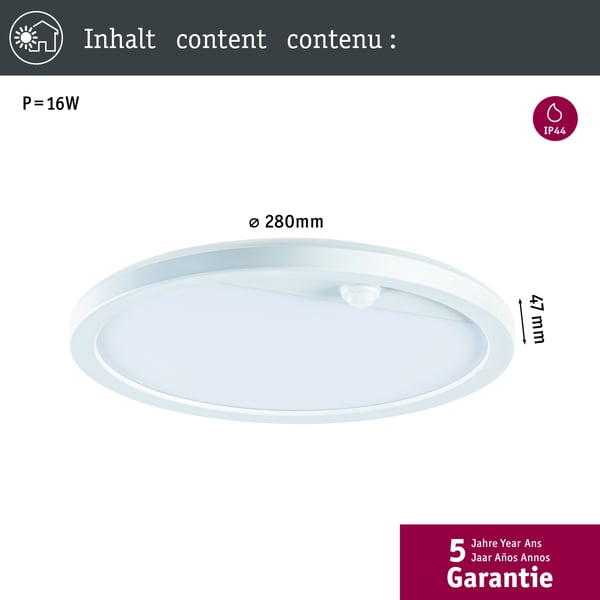 Paulmann LED utomhuspanel Lamina Bakgrundsbelysning Skymningsstyrd rörelsedetektor (IR) IP44 rund 280 mm Tunable Warm 14W 1150lm 230V Vit Plast