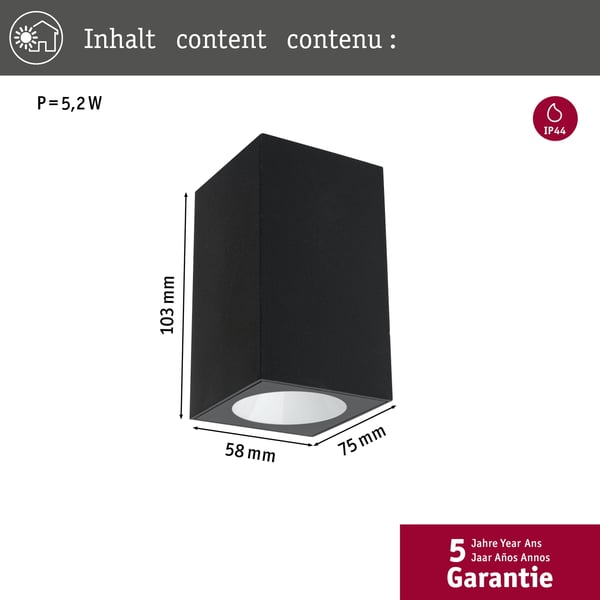 Paulmann LED vägglampa Flame Insektsvänlig IP44 vinkelformad 58x103 mm 2200K 4W 265lm 230V 75° Antracit Metall