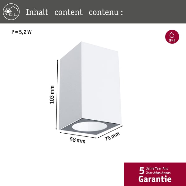 Paulmann LED vägglampa Flame Insektsvänlig IP44 vinkelformad 58x103 mm 2200K 4W 265lm 230V 75° Vit Metall