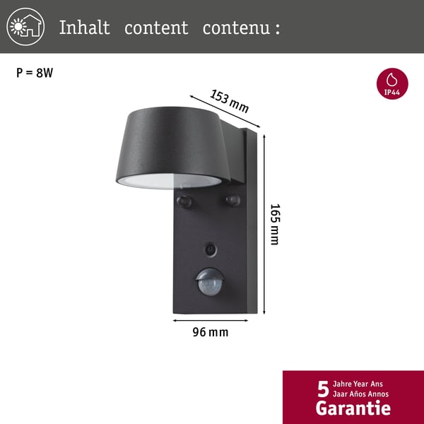 Paulmann LED vägglampa för utomhusbruk Capea Skymningsstyrd rörelsedetektor (IR) Insektsvänlig IP44 96x165 mm Tunable Warm 6W 450lm 230V 98° Antracit Aluminium