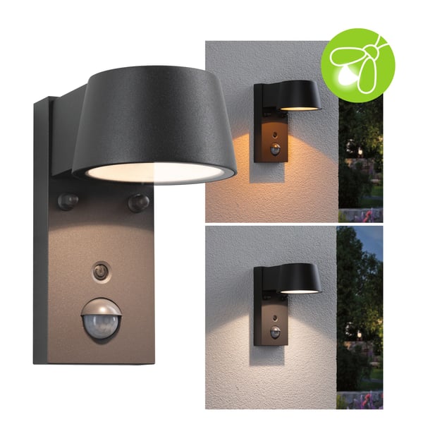 Paulmann LED vägglampa för utomhusbruk Capea Skymningsstyrd rörelsedetektor (IR) Insektsvänlig IP44 96x165 mm Tunable Warm 6W 450lm 230V 98° Antracit Aluminium