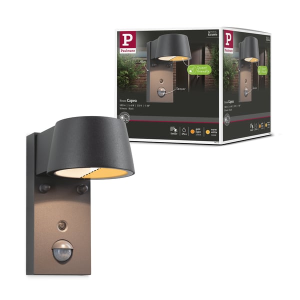 Paulmann LED vägglampa för utomhusbruk Capea Skymningsstyrd rörelsedetektor (IR) Insektsvänlig IP44 96x165 mm Tunable Warm 6W 450lm 230V 98° Antracit Aluminium