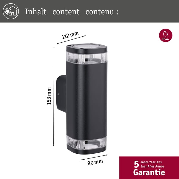 Paulmann Vägglampa för utomhusbruk Colum Havsvattentålig IP44 80x223 mm max. 2x20W 230V Antracit Aluminium