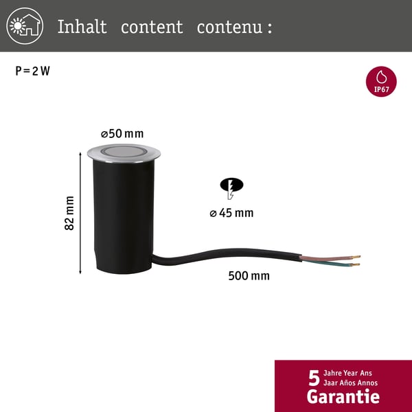 Paulmann LED infälld golvlampa Floor Profil Insektsvänlig IP67 rund 50 mm 2200K 2,2W 15lm 230V Aluminium Plast, Metall