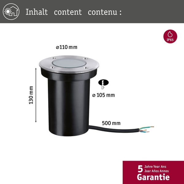 Paulmann LED infälld golvlampa Floor Insektsvänlig IP65 cylindrisk 110 mm 2200K 4,3W 320lm 230V Rostfritt stål borstat Rostfritt stål, Plast