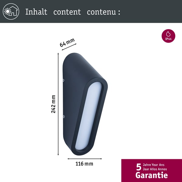 Paulmann LED vägglampa för utomhusbruk Cliff Havsvattentålig IP44 64x242 mm 3000K 9,5W 300lm 230V Antracit Aluminium