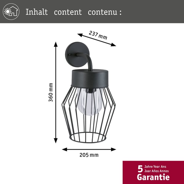 Paulmann Vägglampa för utomhusbruk Lanka Havsvattentålig IP44 205x360 mm max. 40W 230V Antracit Aluminium