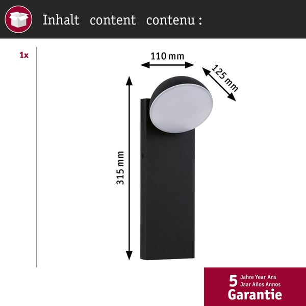 Paulmann LED vägglampa för utomhusbruk Puka Havsvattentålig IP44 rund 110x315 mm 3000K 8,5W 460lm 230V Antracit Aluminium