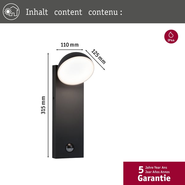 Paulmann LED vägglampa för utomhusbruk Puka Havsvattentålig IP44 rund 110x315 mm 3000K 8,5W 460lm 230V Antracit Aluminium