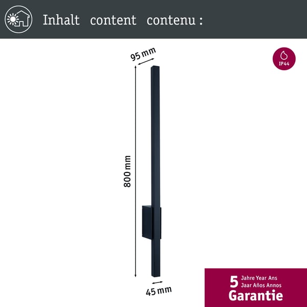Paulmann LED vägglampa för utomhusbruk Stan havsvattenbeständig IP44 800 mm 3000K 11,5W 300lm 230V Antracit Aluminium