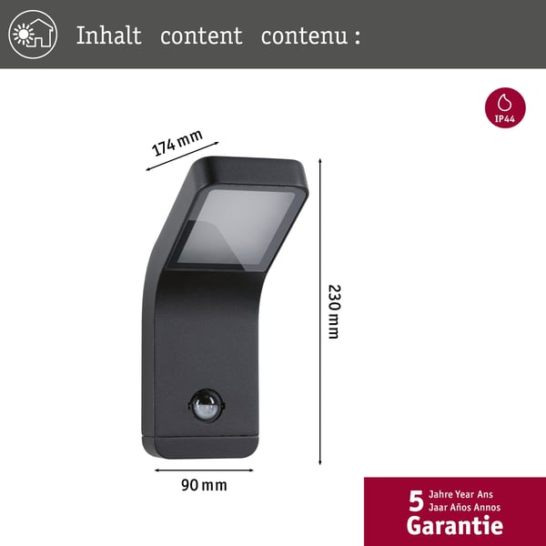 Paulmann LED vägglampa för utomhusbruk Kulma Skymningsstyrd rörelsedetektor (IR) havsvattenbeständig IP44 90x230 mm 3000K 7,5W 500lm 230V Antracit Aluminium
