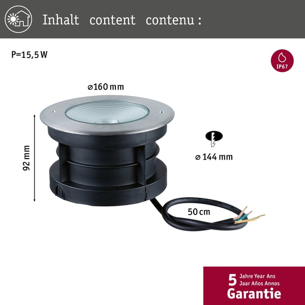 Paulmann LED infälld golvlampa Vanea havsvattenbeständig IP67 rund 160 mm 3000K 15,5W 800lm 230V Aluminium Aluminium
