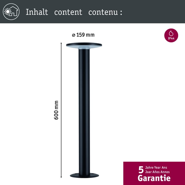 Paulmann LED pollare Smart Home Zigbee 3.0 Plate Insektsvänlig IP44 cylindrisk 600 mm Tunable Warm 5,5W 280lm 230V Antracit Metall, Plast