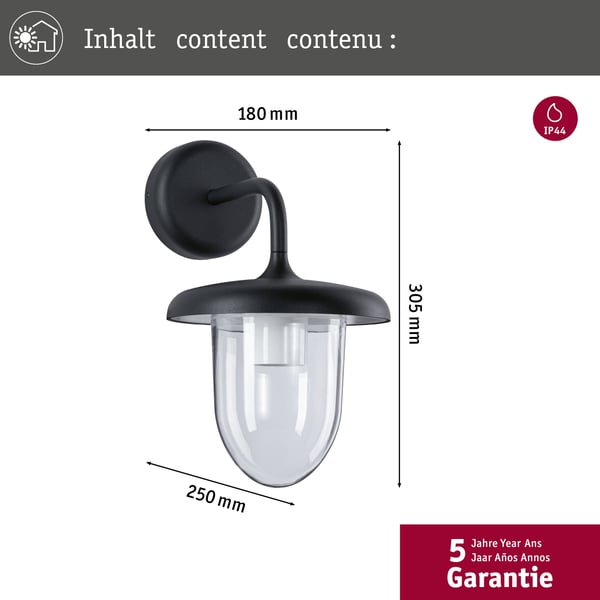 Paulmann Vägglampa för utomhusbruk Vintario Havsvattentålig IP44 rund 180x305 mm max. 20W 230V Antracit Aluminium, Plast