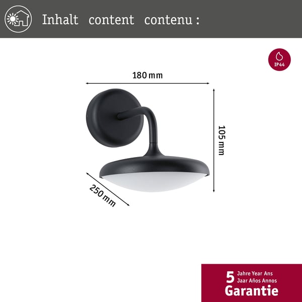Paulmann LED vägglampa för utomhusbruk Nostro Havsvattentålig IP44 rund 180x250 mm 3000K 10W 900lm 230V Antracit Aluminium
