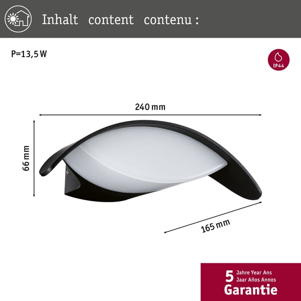 Paulmann LED vägglampa för utomhusbruk Mesana IP44 240x165 mm 3000K 12W 800lm 230V Antracit Aluminium