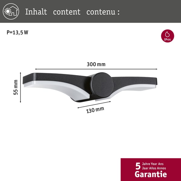 Paulmann LED vägglampa för utomhusbruk Pekana IP44 300x130 mm 3000K 2x6W 2x480lm 230V Antracit Aluminium