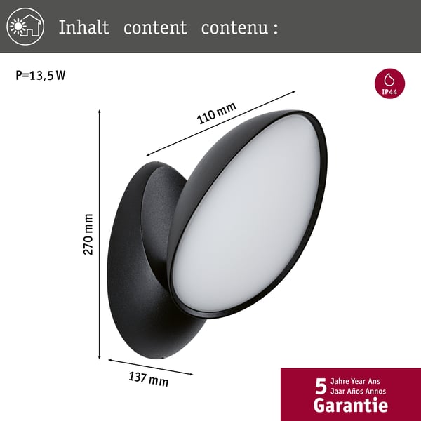 Paulmann LED vägglampa för utomhusbruk Batona IP44 137x270 mm 3000K 12W 1000lm 230V Antracit Aluminium