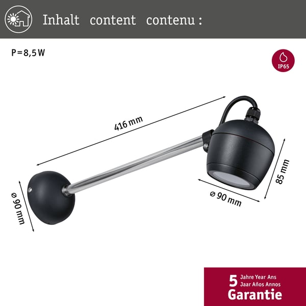 Paulmann Vägglampa för utomhusbruk Kikolo IP65 90 mm 3000K 8W 500lm 230V 60° Antracit Aluminium, Plast