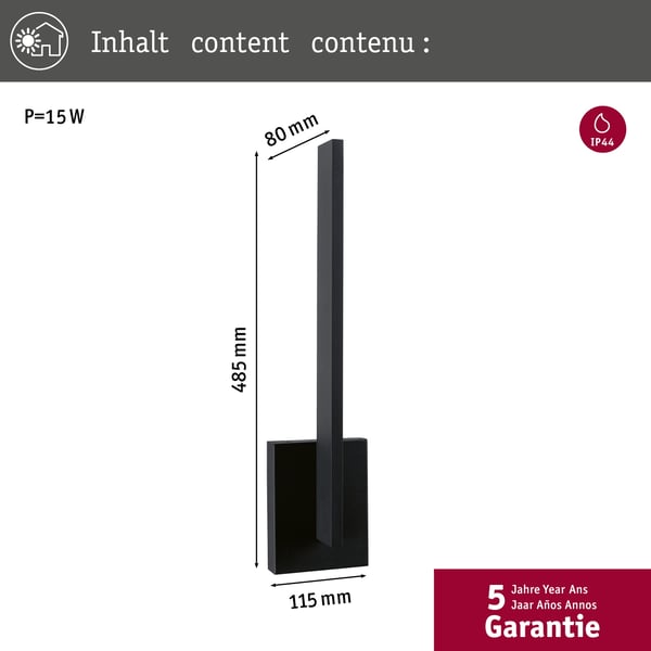 Paulmann LED vägglampa för utomhusbruk Levka IP44 115x485 mm 3000K 13,5W 110lm 230V Antracit Aluminium