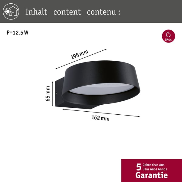 Paulmann LED vägglampa för utomhusbruk Capea Grand IP44 162x195 mm 3000K 11,5W 1050lm 230V 108° Antracit Aluminiumgjutgods