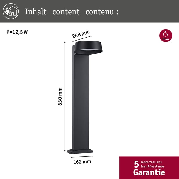 Paulmann LED pollare Capea Grand IP44 650 mm 3000K 11,5W 1050lm 230V 108° Antracit Aluminiumgjutgods