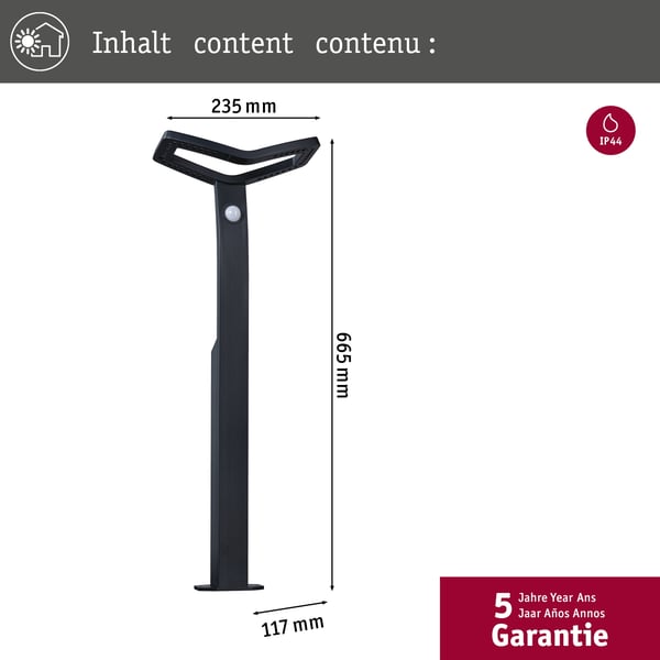 Paulmann LED pollare Smart Home Zigbee 3.0 Alara Skymningsstyrd rörelsedetektor (IR) insektsvänlig IP44 vinkelformad 665 mm 2200 - 3300K 10W 450lm 230V Antracit Metall