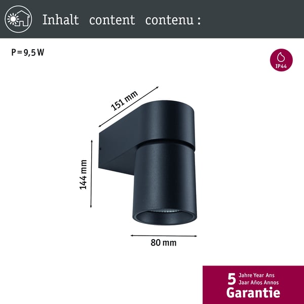 Paulmann LED vägglampa för utomhusbruk Kimu IP44 cylindrisk 80 mm 3000K 8W 500lm 230V 70° Antracit Aluminium