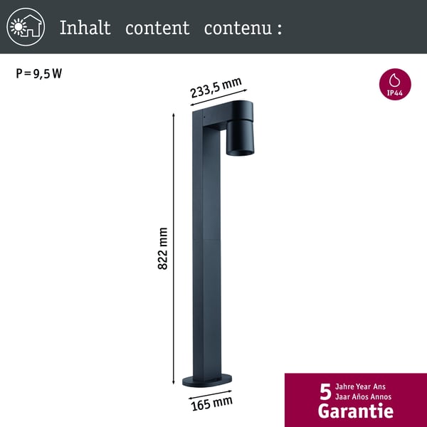 Paulmann LED pollare Kimu IP44 cylindrisk 822 mm 3000K 8W 500lm 230V 70° Antracit Aluminium