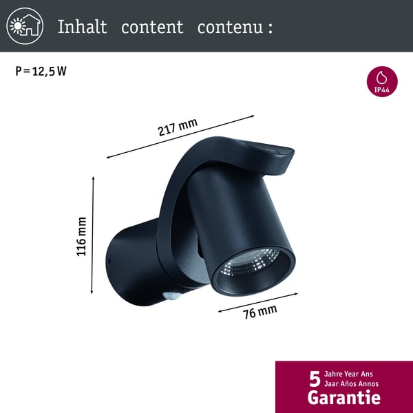 Paulmann LED vägglampa för utomhusbruk Cuff Skymningsstyrd rörelsedetektor (IR) IP44 76x217 mm 3000K 10W 700lm 230V 70° Antracit Aluminium