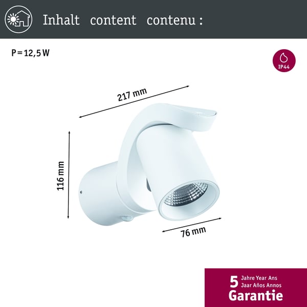 Paulmann LED vägglampa för utomhusbruk Cuff Skymningsstyrd rörelsedetektor (IR) IP44 76x217 mm 3000K 10W 700lm 230V 70° Vit Aluminium