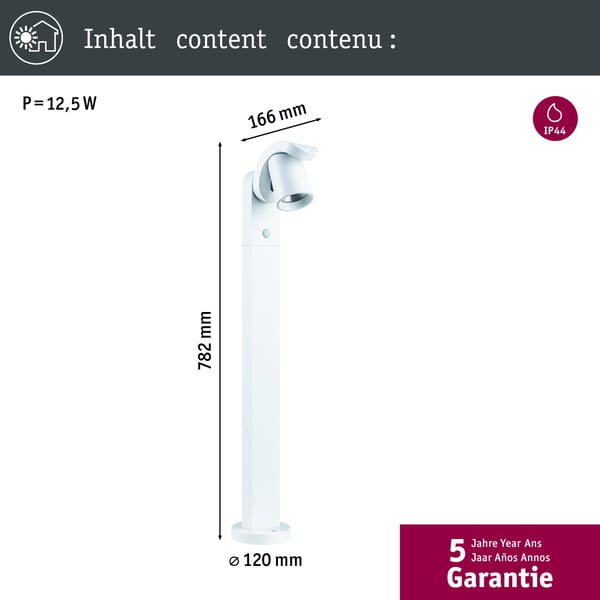 Paulmann LED pollare Cuff Skymningsstyrd rörelsedetektor (IR) IP44 782 mm 3000K 10W 700lm 230V 70° Vit Aluminium