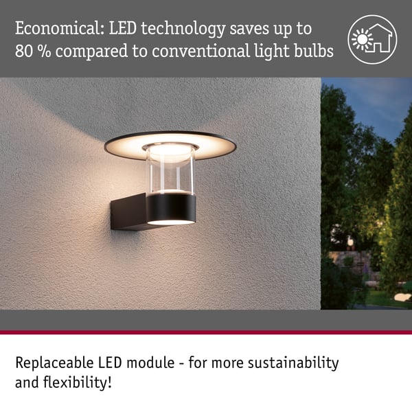 Paulmann LED vägglampa för utomhusbruk Sienna Skymningsstyrd rörelsedetektor (HF) havsvattenbeständig IP44 212 mm 3000K 9W / 3W 500lm / 0lm 230V Antracit Aluminium