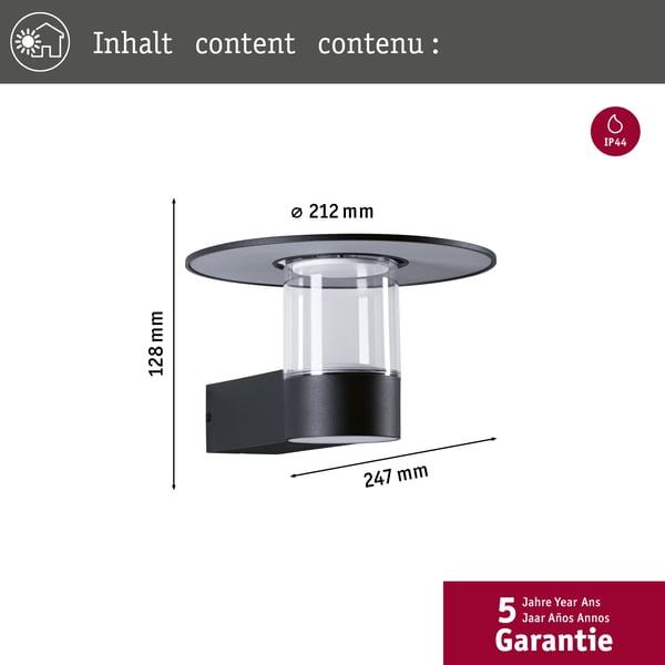 Paulmann LED vägglampa för utomhusbruk Sienna Skymningsstyrd rörelsedetektor (HF) havsvattenbeständig IP44 212 mm 3000K 9W / 3W 500lm / 0lm 230V Antracit Aluminium