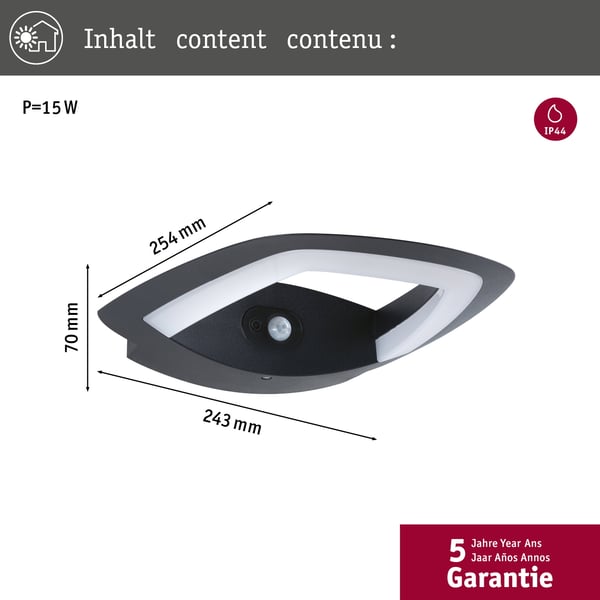 Paulmann LED vägglampa för utomhusbruk Akena Skymningsstyrd rörelsedetektor (IR) insektsvänlig IP44 243x254 mm 2200K 10,8W 800lm 230V Antracit Aluminium