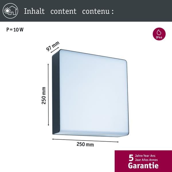 Paulmann LED vägglampa för utomhusbruk Smart Home Zigbee 3.0 Azalena Skymningsstyrd rörelsedetektor (HF) insektsvänlig IP44 250x250 mm Tunable Warm 8,5W 700lm 230V Antracit Plast, Aluminium