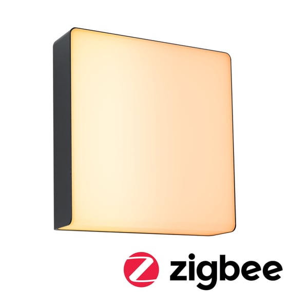 Paulmann LED vägglampa för utomhusbruk Smart Home Zigbee 3.0 Azalena Skymningsstyrd rörelsedetektor (HF) insektsvänlig IP44 250x250 mm Tunable Warm 8,5W 700lm 230V Antracit Plast, Aluminium